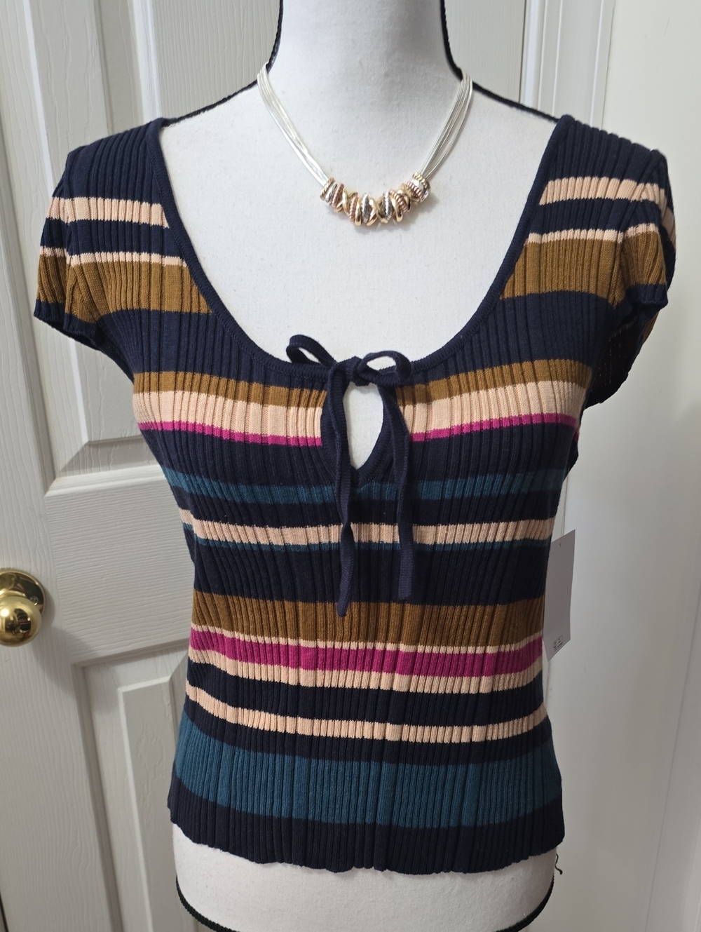 Jessica Simpson Blue Ribbed Short Sleeve Sweater Top Front Tie Accent Medium